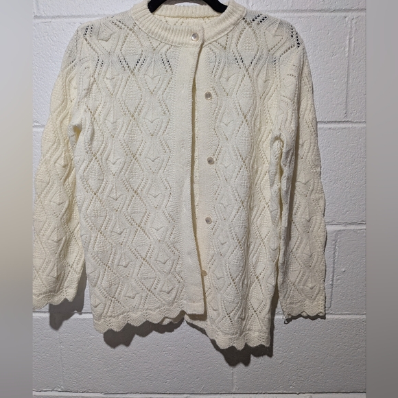 Vintage Sweaters - Vintage Handmade Lace Knit Cream Cardigan